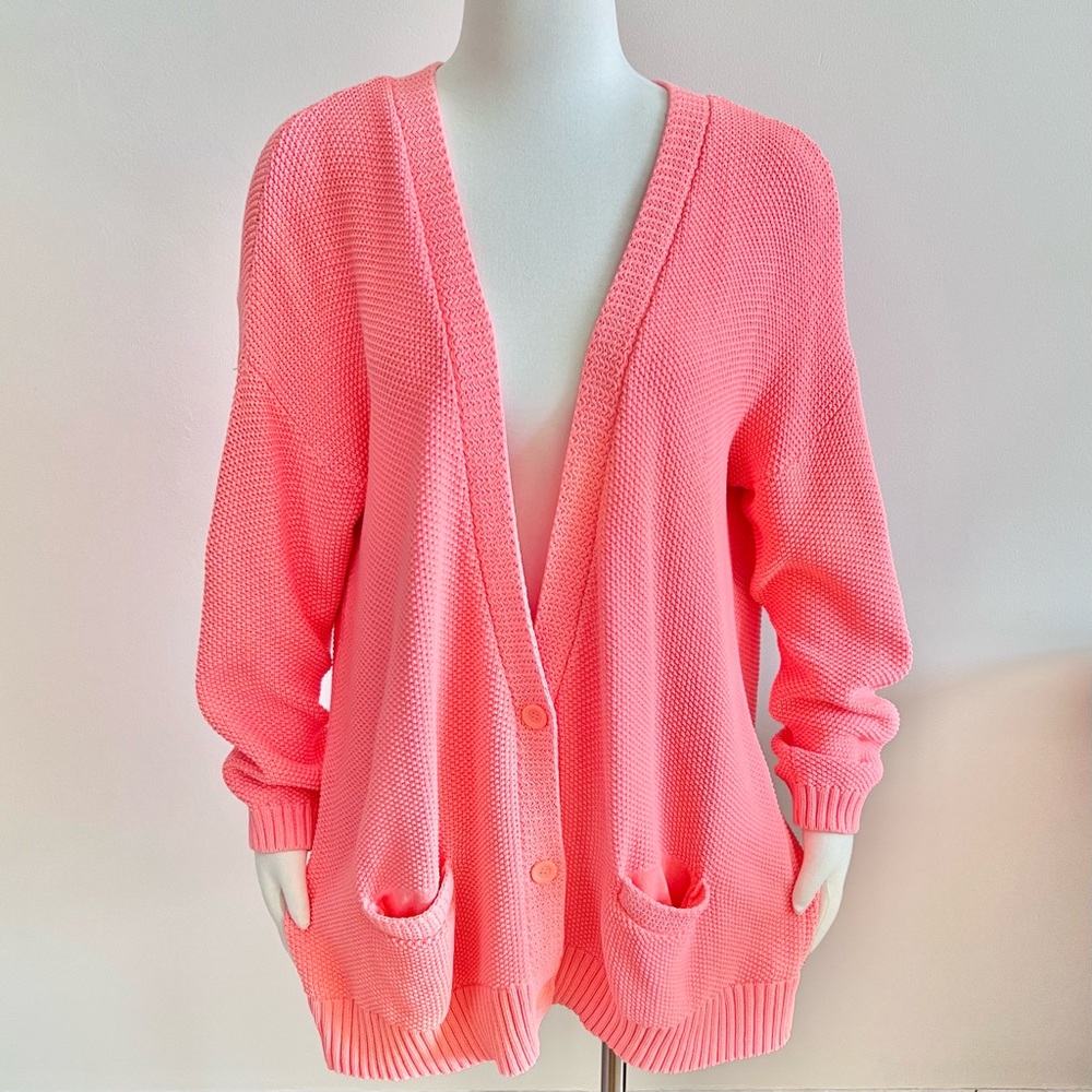 G.H. Bass & Co. 100% Cotton Knit Long V-Neck Cardigan Sweater, Living Coral (XL)